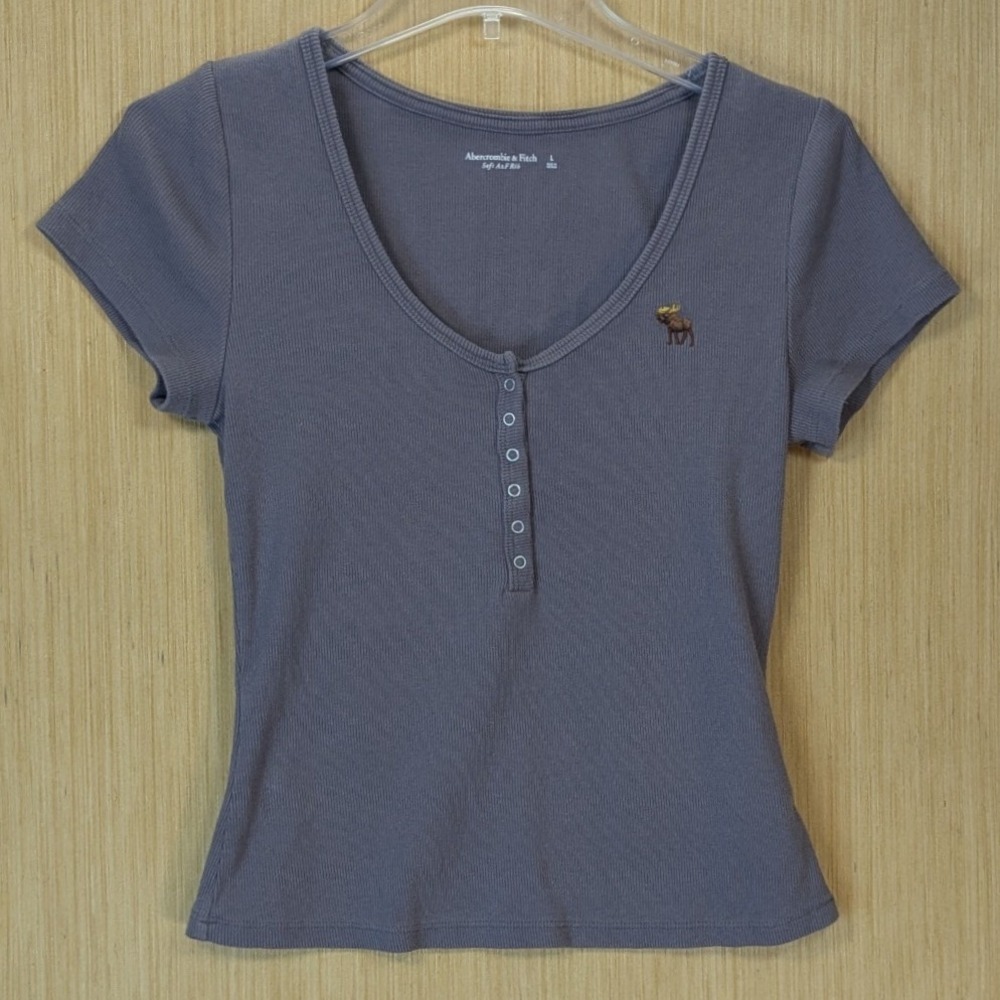 Abercrombie & Fitch Soft A&F Rib Henley Tee Blue Gray Logo‎ Shirt Womens Large